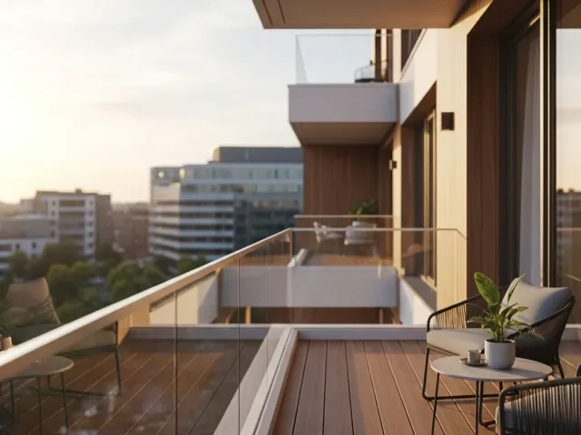 Visualisierung eines wohnlich eingerichteten Balkons mit Glasgeländer