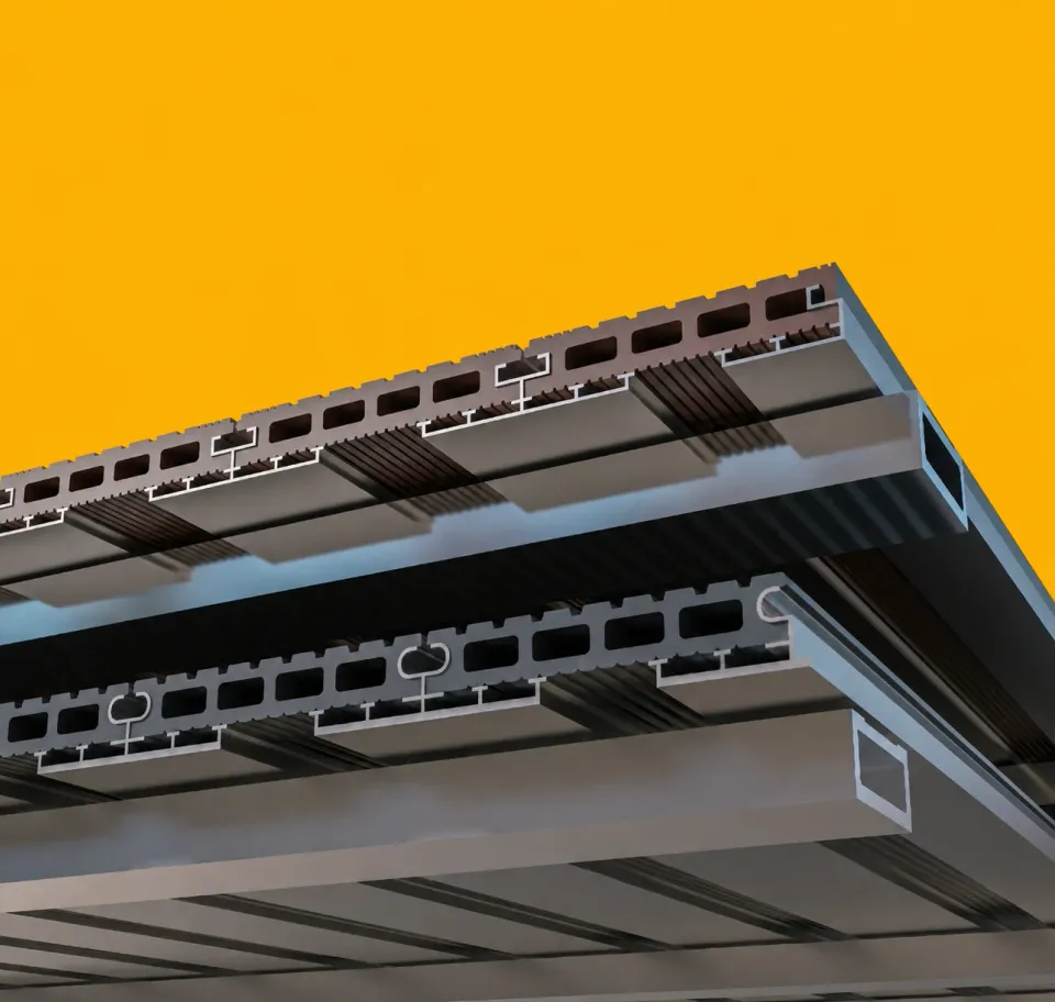 Product visualisation of hollow-chamber WPC boards with rails and substructure